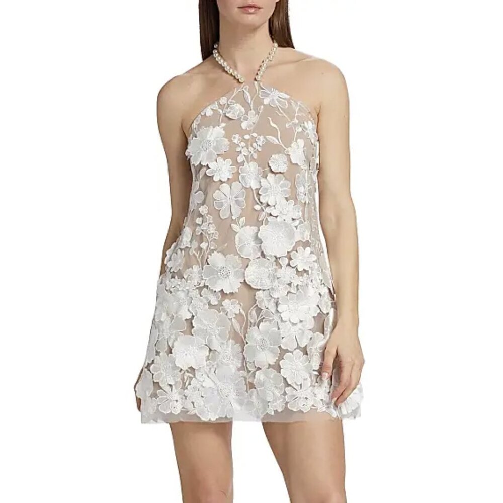 NWT Elliatt Callista Floral Lace Appliqué White Mini Dress with Pearl Halterneck